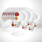 Larah By Borosil Fluted Zinnia Dinner Set 36 Pieces, Opal Glass Dinner Plates & Bowls Crockery Set For Dinning, White