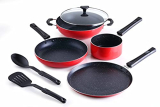Crystal Classic Series 7-Pc Non-Stick Induction Bottom Cookware Set, Pfoa Free, Tawa, Fry-Pan, Kadhai With Glass Lid, Sauce Pan With 2 Serving Spoons, Red