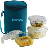 Borosil Teal Bag, 3 Pc (320 Ml X 2 + 240Ml X 1 ), Office Tiifin 3 Containers Glass Office Lunch Box(880 Ml)