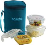 Borosil Teal Bag, 3 Pc (320 Ml X 2 + 240Ml X 1 ), Office Tiifin 3 Containers Glass Office Lunch Box(880 Ml)