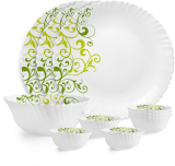 Cello Pack Of 10 Opalware Dazzle Opalware Oleander Dinner Set | Crockery Set |Green Dinner Set(Green, Microwave Safe)