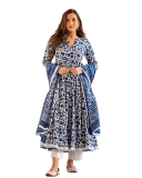 Meera Fab Women’S Cotton Printed Blue Anarkali Kurta With Palazzo & Dupatta Set
