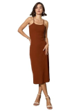 Barcino Brown Rib Strappy Slip-On Dress