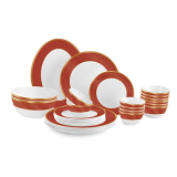 Cello Opalware Solitaire Series Ruby Dinner Set, 27Pcs | Opal Glass Dinner Set For 6 | Crockery Set For Festive Ocassions, Parties | White Plate And Bowl Set