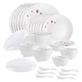 Cello Opalware Dazzle Series Lush Fiesta Dinner Set, 35 Units | Opal Glass Dinner Set For 6 | Light-Weight, Daily Use Crockery Set For Dining | White Plate And Multipurpose Bowl Set