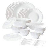 Larah By Borosil Plain White Silk Series Opalware Dinner Set, 35 Pieces, White