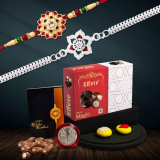Deodap Silver Plated Rakhi Roli Chawal, Set Of 2 With Chocolate And Greeting Cards Combo For Brother