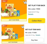 Amazon Fresh Offer₹100 Cashback On ₹999 Order₹200 Cashback On ₹1999 Order(only prime user)Collect Offer Order Now  Valid till 7th May