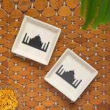 Exclusivelane ‘Daawat-E-Taj’ Handcrafted Ceramic Platters Serving Set, Ceramic Serving Platter Plates (Small, Set Of 2, Microwave Safe) – Snacks Serving Plates (White With Black Motifs)