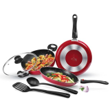 Milton Pro Cook Kitchen Pride Cookware Set Of 5 (Fry Pan 24 Cm/1.6 Litres; Kadhai 24 Cm/2.5 Litres With Glass Lid; Tawa 25 Cm;Nylon Laddle And Spatula), Maroon | Non Induction |Flame Safe