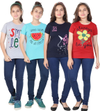 Mist N Fogg Girls Printed Cotton Blend T Shirt(Multicolor, Pack Of 4)