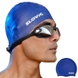 Slovic Blue Swimming Caps For Men And Women With Long Hair | Waterproof Cap For Swimming Silicone | Free-Size For Great Fit | No Hair Pulling | Prevents Chemical Damage