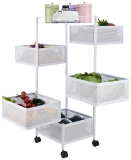 Amazon Brand – Solimo Five-Tier Square Trolley With Baskets, Rotating, Wire Mesh Baskets, Magnetic Closure, Portable (White) – Mid-Steel
