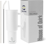 House Of Quirk 1200Ml Tumbler With Handle And Straw Lid Double Insulated Cup Reusable 1200 Ml Bottle(Pack Of 1, White, Steel)