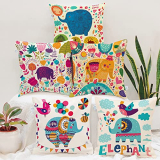 Stitchnest Unique Cute Elephant Cartoon Blue Printed Canvas Cotton Cushion Covers, Set Of 5 (16 X 16 Inches)