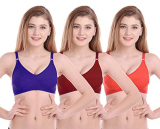 Women Cotton T-Shirt Non Padded Non-Wired Bra (Pack Of 3) (Color : Purple,Maroon,Red) (Size : 36)