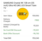 SAMSUNG Crystal 4K 138 cm (55 inch) Ultra HD (4K) LED Smart Tizen TV at ₹33,240 with SBI CC NO Cost EMI