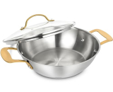 Michelangelo Stainless Steel Kadai, 24Cm/ 2.5 Litres Steel Kadai With Golden Riveted Handles, Heavy Bottom, Induction Kadai And Gas Ready, Silver